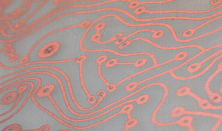 Pinky orange circuits on a grey background.
