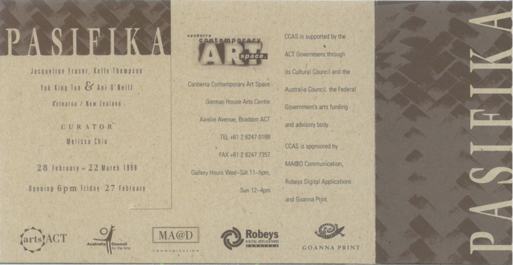 A brown invitation pamphlet for the Pasifika exhibition