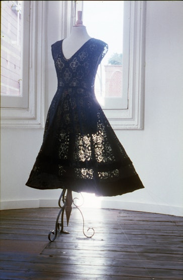 Eloise de Hauteclocque, Kiss Me (Kiss me here, and here and here…), 2002, cotton lace dress, silk thread, exhibition view Asia-Australia Arts Centre [4A Centre for Contemporary Asian Art].