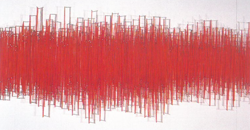 A series of red coloured lines, representing vibrations of sound and silence, against a white background.