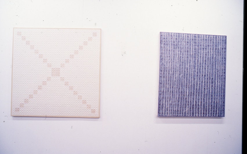 Savanhdray Vongpoothorn, Light Kasina, 1995, fibre washers and synthetic polymer paste on canvas; Savanhdray Vongpoothorn, Rain, 1998, synthetic polymer paint on perforated canvas.