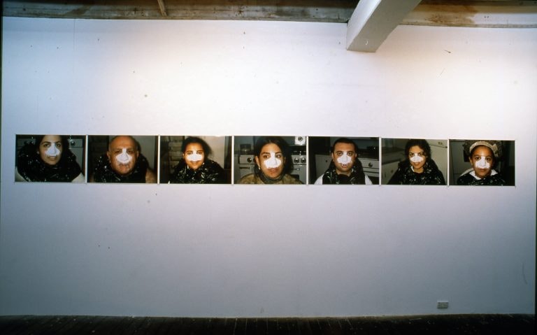 L-R: Cherine Fahd, Operation Nose Nose Operation (Nathalie), 1999-2000, colour prints, 74 x 50 cm. Cherine Fahd, Operation Nose Nose Operation (Khalo Maurice Azouri), 1999-2000, colour prints, 74 x 50 cm. Cherine Fahd, Operation Nose Nose Operation (Cisi), 1999-2000, colour prints, 74 x 50 cm. Cherine Fahd, Operation Nose Nose Operation (Sylvana), 1999-2000, colour prints, 74 x 50 cm. Cherine Fahd, Operation Nose Nose Operation (Andre Azouri), 1999-2000, colour prints, 74 x 50 cm. Cherine Fahd, Operation Nose Nose Operation (Nathalie’s Friend), 1999-2000, colour prints, 74 x 50 cm. Cherine Fahd, Operation Nose Nose Operation (Cherril), 1999-2000, colour prints, 74 x 50 cm. All images courtesy the artist.