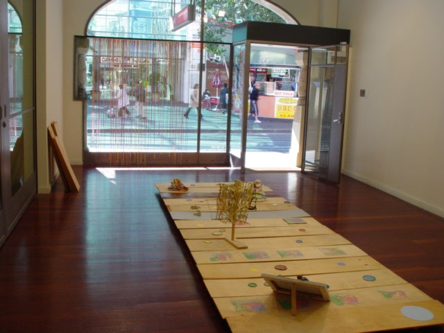 L-R: Huseyin Sami, Untitled, 2003, timber, household acrylic paint, plywood; Drip Painting, 2003, household acrylic paint on window; Platform 2003, 2003, mixed media.