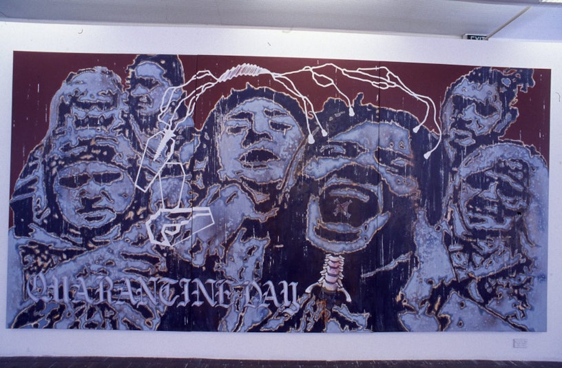 Jitish Kallat, Quaratine Day, 2003, acrylic and mixed media on canvas, exhibition view..