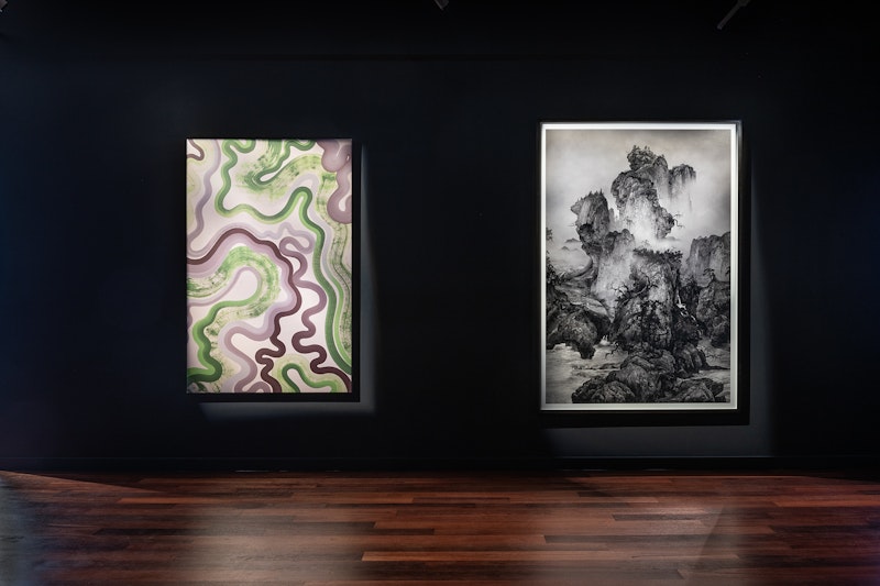Shaun Daniel Allen (Shal) C.F.C., 2022/23 Synthetic polymer on canvas Courtesy the artist and China Heights, Sydney; Yang Yongliang 杨泳梁 Early Spring, 2019 Giclée print on fine art paper Edition 3/7 Courtesy the artist and the collection of Denwol Group Pty Ltd. Image: Kai Wasikowski