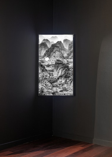 Yang Yongliang 杨泳梁 Infinite Landscape, 2011 Video animation (black and white, sound), 7m 23s Edition 7/7 Courtesy the artist. White Rabbit Collection, Sydney.   Donated through the Australian Government’s Cultural Gifts Program by Judith Neilson. 白兔美术馆; 朱迪思 • 尼尔森经由澳大利亚政府文化赠与项目捐赠. Image: Kai Wasikowski