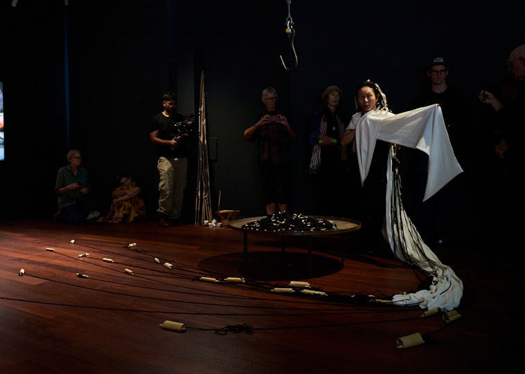 WeiZen Ho, Amulet Body (performance documentation), 2024. Commissioned by 4A Centre for Contemporary Asian Art. Supported by The City of Sydney’s Festivals and Events Sponsorship 2024 Grant Program. Image: Maxwell Elvis Finch