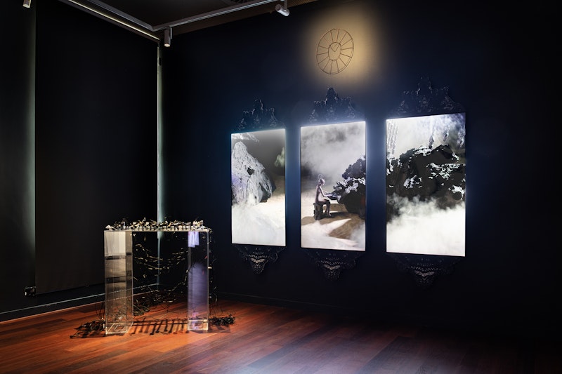 Corin Ileto and Tristan Jalleh, 'Lux Aeterna', 2023/24, Mixed media installation with three-channel video, 2m 52s, courtesy the artists;  photo: Kai Wasikowski for 4A Centre for Contemporary Asian Art, 2024.
