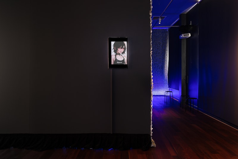 aaajiao, 'Prompt/Engineering', 2024, acrylic structure, ink screen, circuit board, microphone, single channel video, 1m 39s edition 2/2, courtesy the artist and the collection of Julia Mao; ; photo: Kai Wasikowski for 4A Centre for Contemporary Asian Art, 2024.