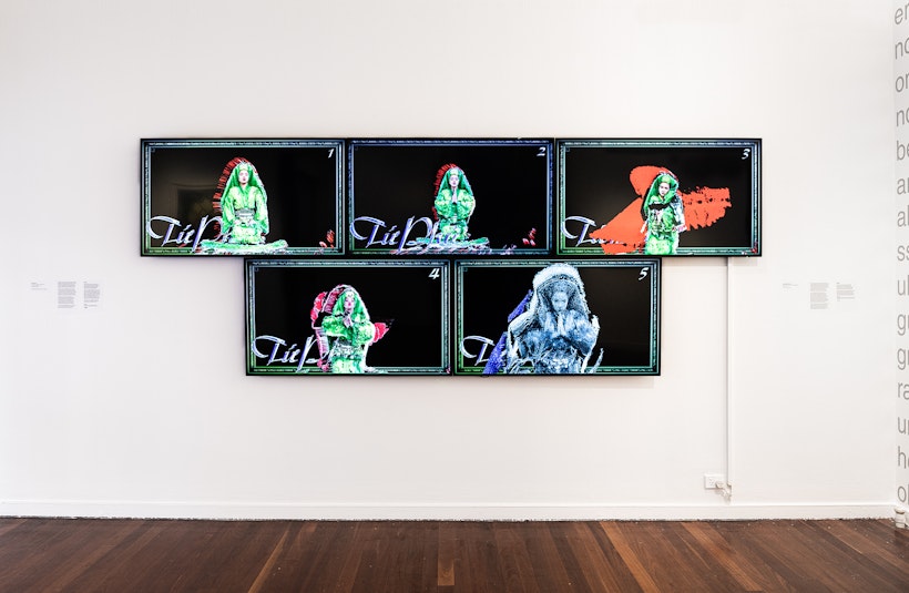 Tùng Monkey, 'Tu Phu (Four Palaces - 四府)', 2021, five-channel video, NFT, courtesy the artist; photo: Kai Wasikowski for 4A Centre for Contemporary Asian Art, 2024.