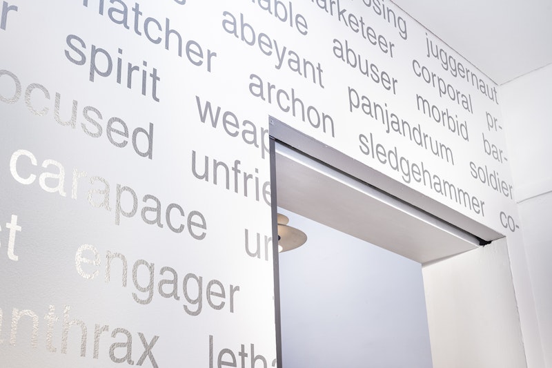 Raqs Media Collective, 'An Infra-Vocabulary for Capital', 2023/24, Vinyl on wall, courtesy the artists; photo: Kai Wasikowski for 4A Centre for Contemporary Asian Art, 2024.