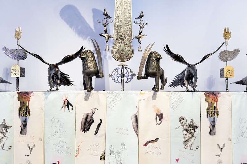 We, of Secrets Kept Unsaid, 2024, gold leaf, iron, steel, prints on velvet, 260 x 260 x 70cm. Courtesy the artist. Commissioned by 4A Centre for Contemporary Asian Art and Arts House, Melbourne. Supported by the Australian Government through Creative Australia, its arts funding and advisory body and Create NSW.