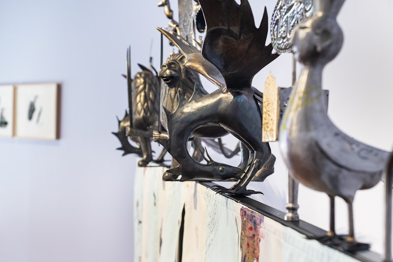 We, of Secrets Kept Unsaid, 2024, gold leaf, iron, steel, prints on velvet, 260 x 260 x 70cm. Courtesy the artist. Commissioned by 4A Centre for Contemporary Asian Art and Arts House, Melbourne. Supported by the Australian Government through Creative Australia, its arts funding and advisory body and Create NSW.