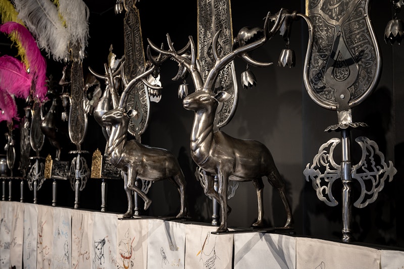 We, of Secrets Kept Hidden, 2023–24, gold leaf, iron, steel, prints on velvet, 650 x 280 x 84cm. Courtesy the artist. Commissioned by Arts House, Melbourne. Supported by the Australian Government through Creative Australia, its arts funding and advisory body.