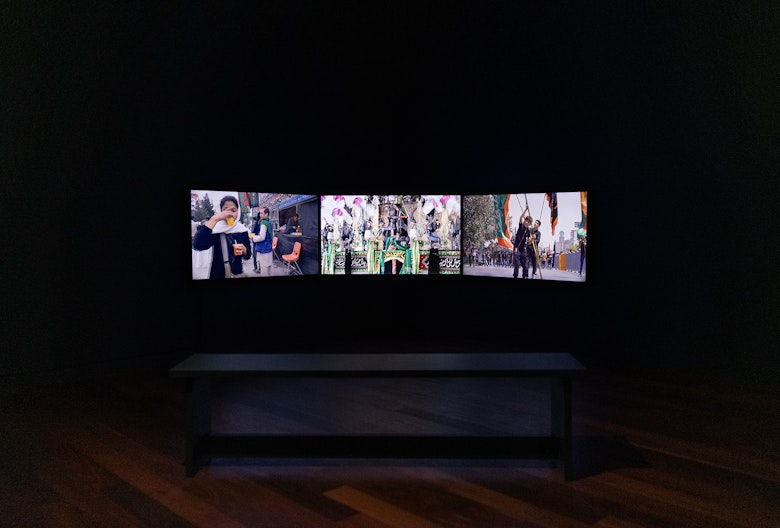ماتَم Matam, 2023–24, three-channel video, colour, with sound, 10m. Courtesy the artist.   Videographers: Abdollah Jafari Alavi, Jawad Khalili, Omid Taqdisiyan, and Elyas Alavi  Commissioned by Arts House, Melbourne. Supported by the Australian Government through Creative Australia, its arts funding and advisory body.