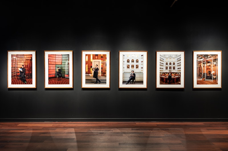 House of Gold Chapter 1 and 2 (Old Parliament Library), 2022; House of Gold Chapter 3 (Leo Baeck Centre, Kew), 2023; House of Gold Chapter 4 and 5, (State Library of Victoria), 2023; House of Gold Chapter 6 (National Wool Museum, Geelong), 2023, C-type print on Fuji Pearl Metallic paper, triptych, 60 x 90cm each. Courtesy Studio Dr Christiam Thompson AO.