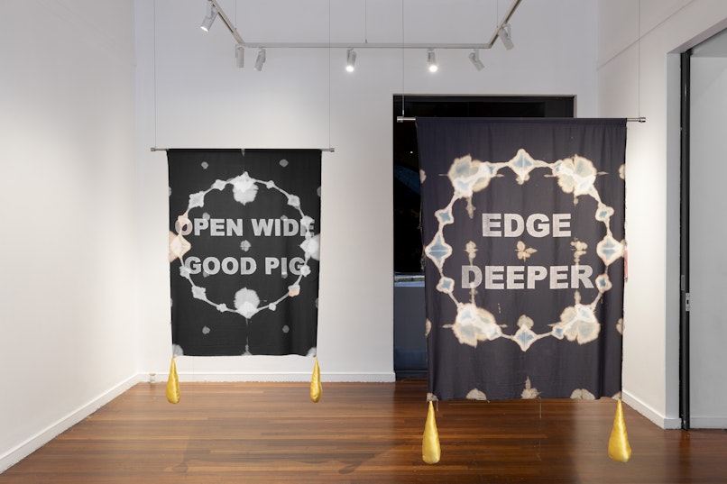 Owen Leong, OPEN WIDE, GOOD PIG, 2024, cotton, bleach, silk, steel, bronze finger hooks, 156 x 112 x 7cm; Owen Leong, EDGE DEEPER, 2024, cotton, bleach, silk, steel, bronze finger hooks, 156 x 112 x 7cm. Courtesy the artist.