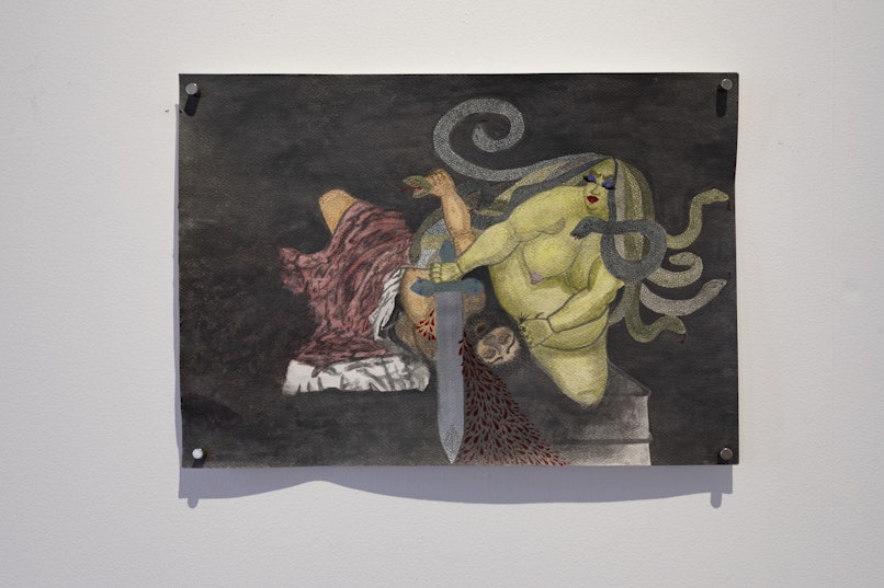 M. Sunflower, Medusa Slaying Persus, After Artemisia, 2025, graphite, India ink, makeup, pigment and watercolour on distressed watercolour paper, 297 x 420mm. Commissioned by 4A Centre for Contemporary Asian Art.