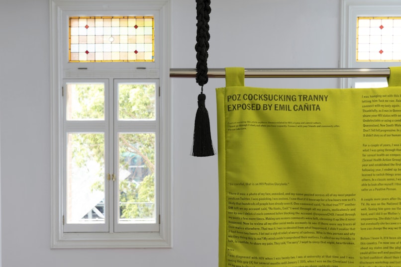 Emil Cañita, Poz Cocksucking Tranny Exposed, 2024, HIV+ Blood, bonded cotton, quilting, thread, water based ink, rope., 83 x 175cm. Commissioned by 4A Centre for Contemporary Asian Art. Courtesy the artist.