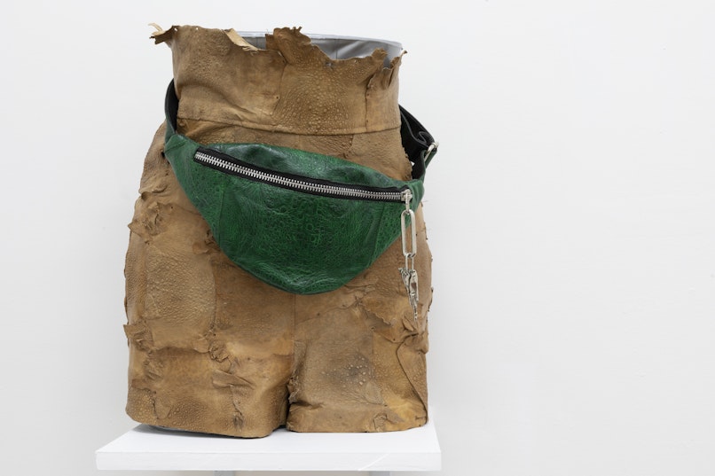 Lia Tabrah, Swamp Green Bumbag, 2020, cane toad leather, cane toad foot, nickel plating, Swarovski crystal