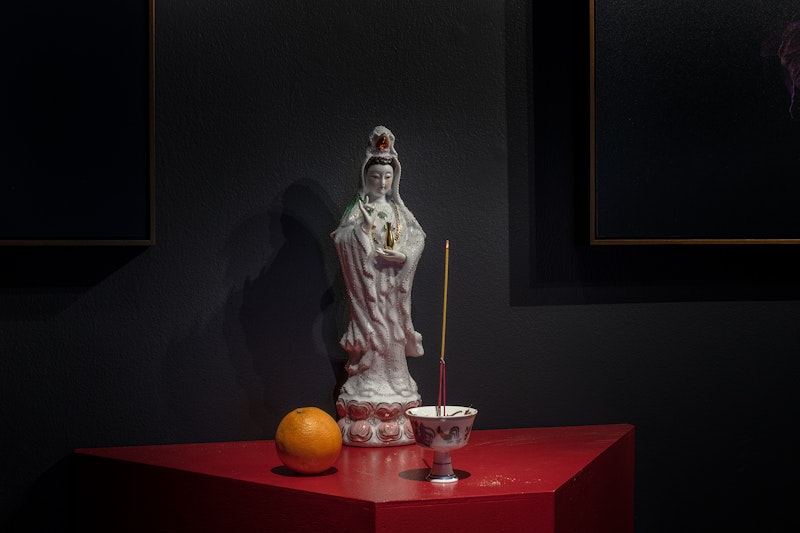 Man&Wah, Altars of Supreme Offering to Compassion and War (detail), 2025, Deity statues of Guanyin and Guan Gong, offerings, incense, tea, wine, plywood, nails, wood glue, acrylic paint. Image: Kai Wasikowski