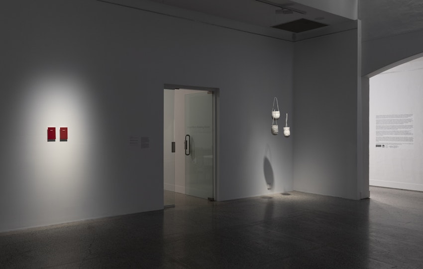 Jenna Meyilema Lee, Poetry in her body, 2025, found book cover, pages of ‘Myths and legends of Australia’, rice starch glue, mounted on 19mm Cradled Painting Panel; Jenna Meyilema Lee, In sun, moon and stars, 2025, found book cover, pages of ‘Myths and legends of Australia’, rice starch glue, mounted on 19mm Cradled Painting Panel; Jenna Mayilema Lee, dis/bound re/bound, 2021, Pages of ‘Aboriginal words and place names’, bookbinding thread, varnish. All works courtesy of the artist and MARS Gallery, Naarm/Melbourne