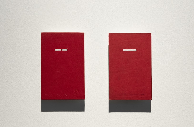 Jenna Meyilema Lee, Poetry in her body, 2025, found book cover, pages of ‘Myths and legends of Australia’, rice starch glue, mounted on 19mm Cradled Painting Panel; Jenna Meyilema Lee In sun, moon and stars, 2025 Found book cover, pages of ‘Myths and legends of Australia’, rice starch glue. Mounted on 19mm Cradled Painting Panel. All works courtesy of the artist and MARS Gallery, Naarm/Melbourne.