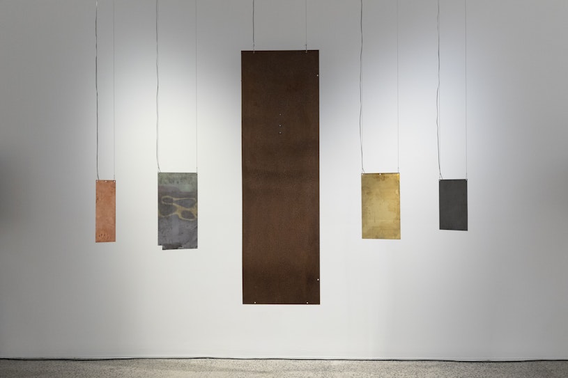 Hirofumi Uchino (aka. Defektro), The Taste of Poisons 3, 2025, metal sheets (iron, brass, copper, aluminum, titanium, tungsten, indium) and vibration speakers with sound. Courtesy of the artist.