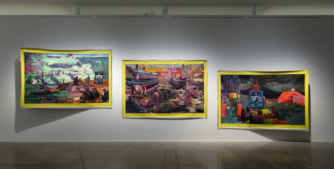 Zico Albaiquni, In the Search of Lukis in the Sense of What It Used to be (Mencari Arah menuju pengertian lukis sedia kala), 2024, oil and giclee on canvas. Courtesy of the artist and Ames Yavuz, Gadigal/Sydney.