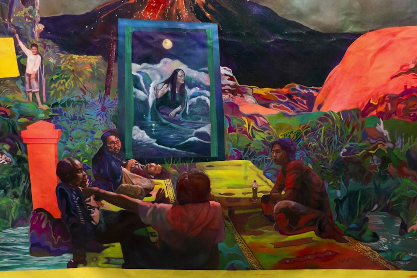 Zico Albaiquni, In the Search of Lukis in the Sense of What It Used to be (Mencari Arah menuju pengertian lukis sedia kala) (detail), 2024, oil and giclee on canvas. Courtesy of the artist and Ames Yavuz, Gadigal/Sydney.