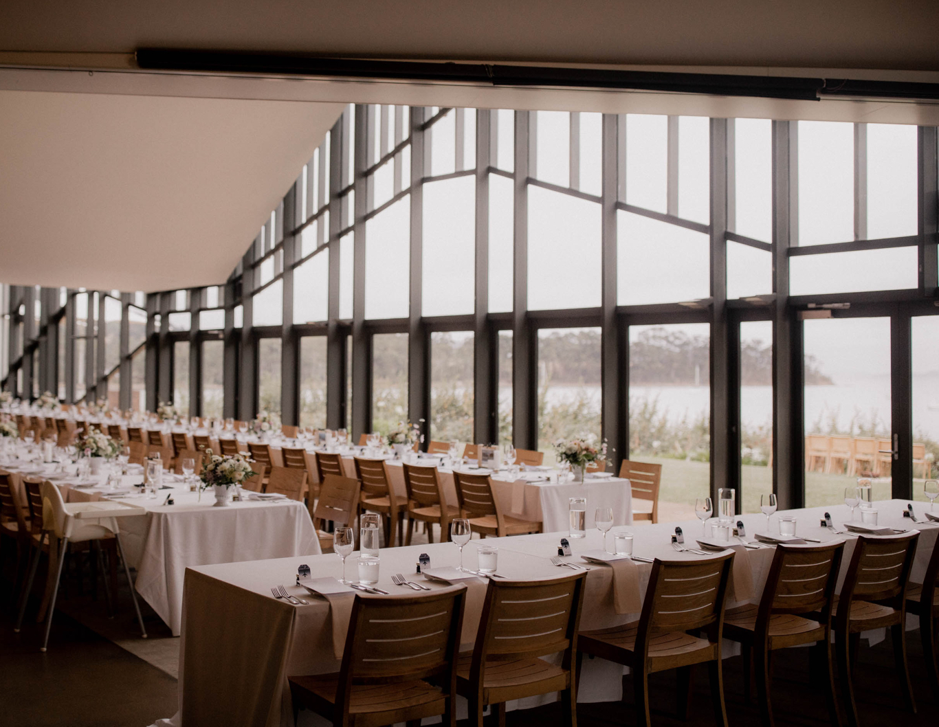 Wedding reception setup inside The Stackings function room at Peppermint Bay.