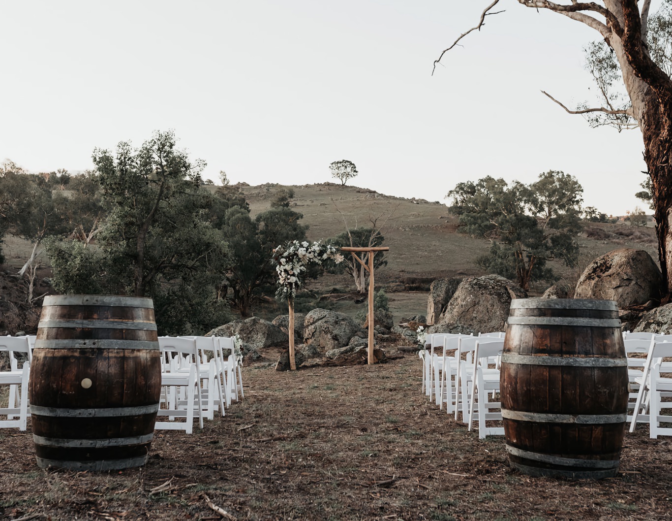 Wedding aisle set in country hills.