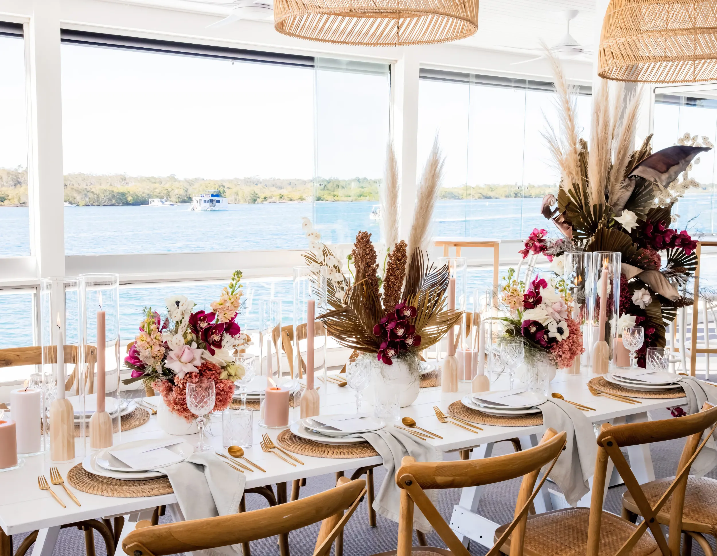 Wedding reception setup at the Noosa Boathouse