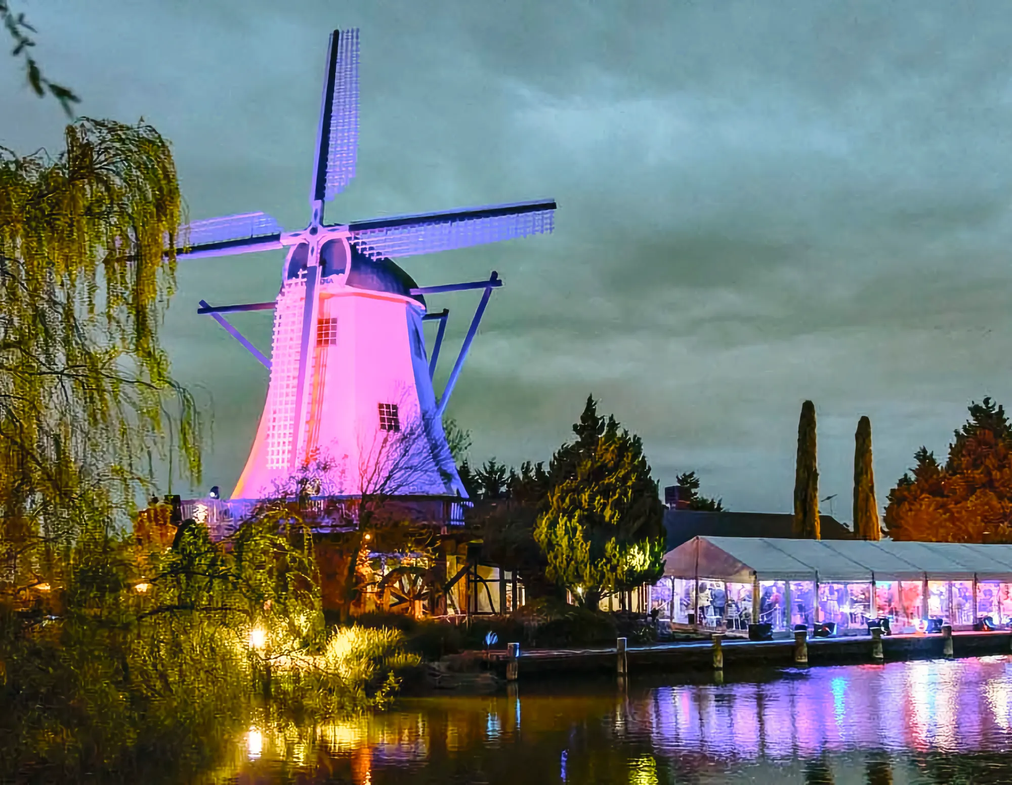 Exterior of the Windmill Gardens at night