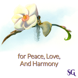 Painting of Nirvana sitting on a branch with the text "for Peace, Love, And Harmony"