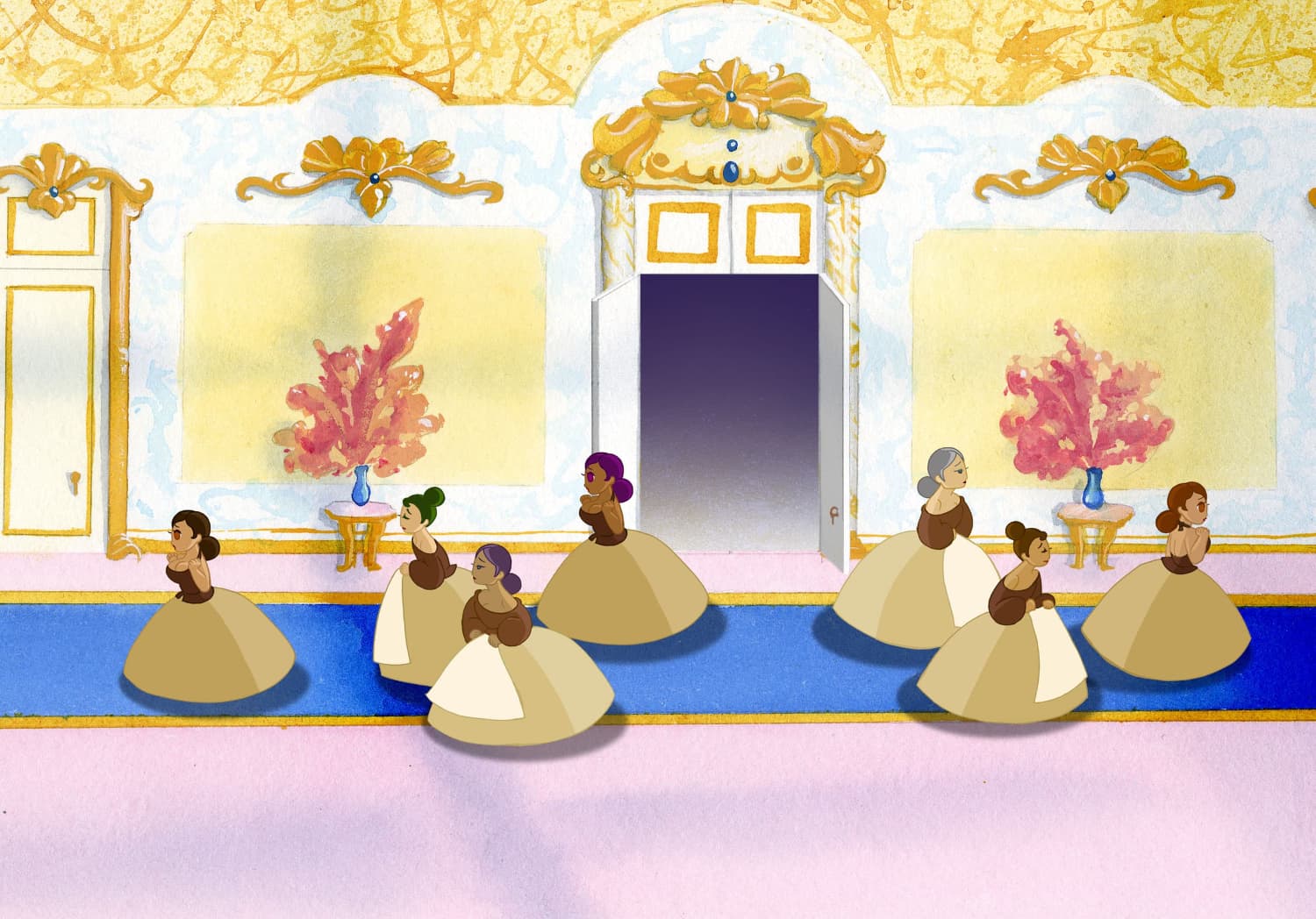 Maids running in a hallway 