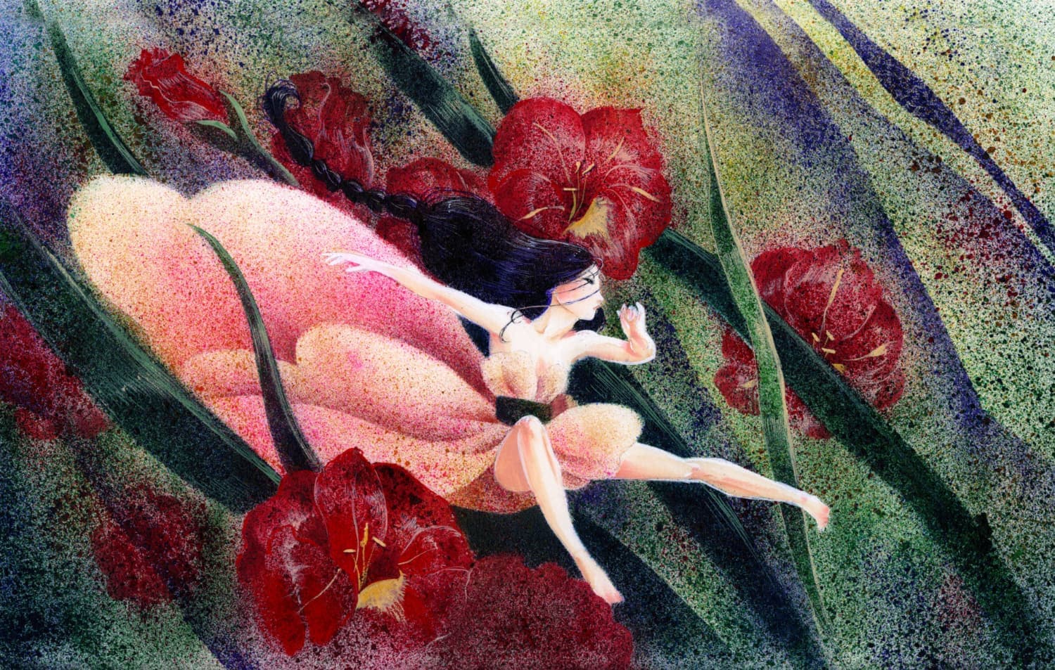 Young Serenity jumping through the grass and flowers