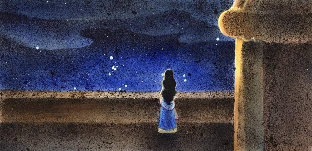 Crystal's the litte mermaid looking out into the night