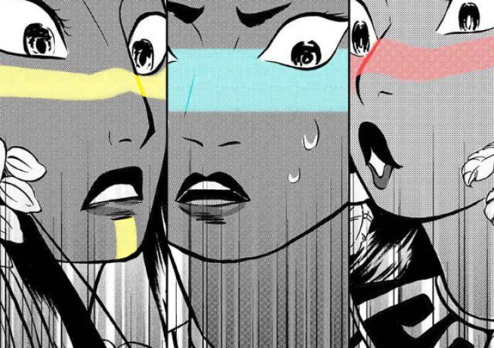 Close up on the surprised faces of Anacoana, Necahual, and Quetzalli's face's (characters from the Comic Necahual) Clicking here directs you to the Comics page.