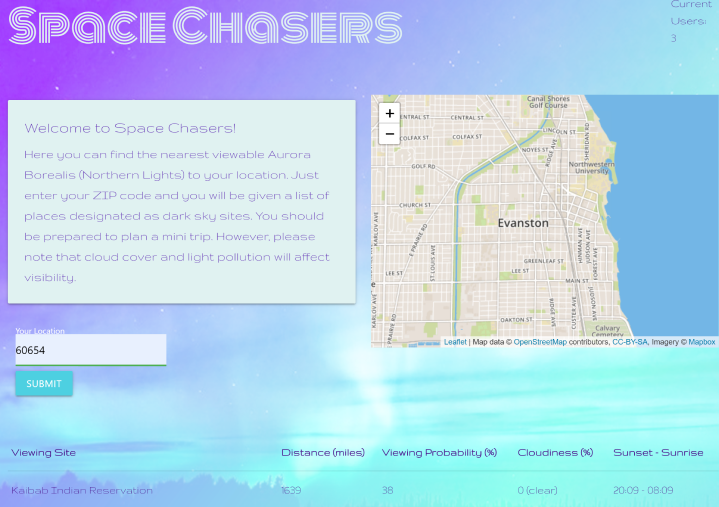 Screenshot of the web page 'Space Chasers' with light cyan blues and purlpes as the primary colors and shpes. Clicking here directs you to the Web Development page.