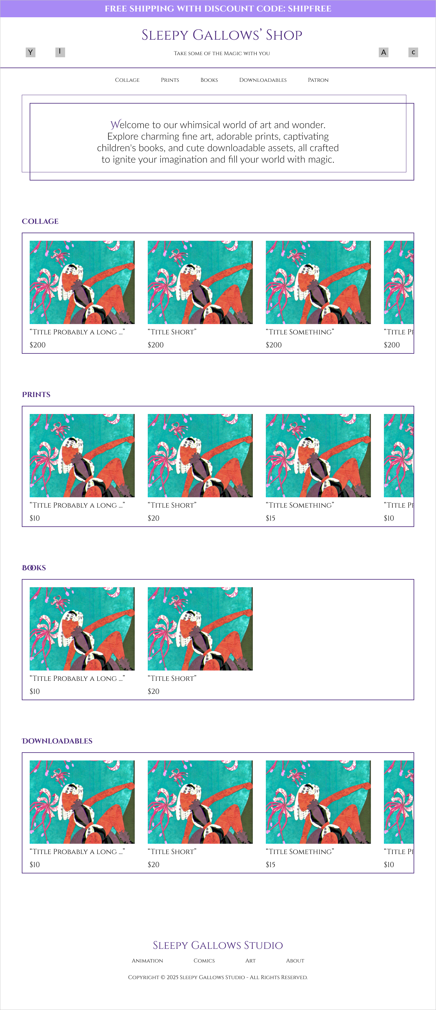 Screenshot of the web page 'Space Chasers' with light cyan blues and purlpes as the primary colors and shpes. Clicking here directs you to the Shop page.