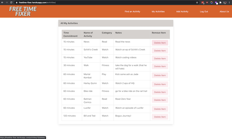 screenshot of activities saved in database