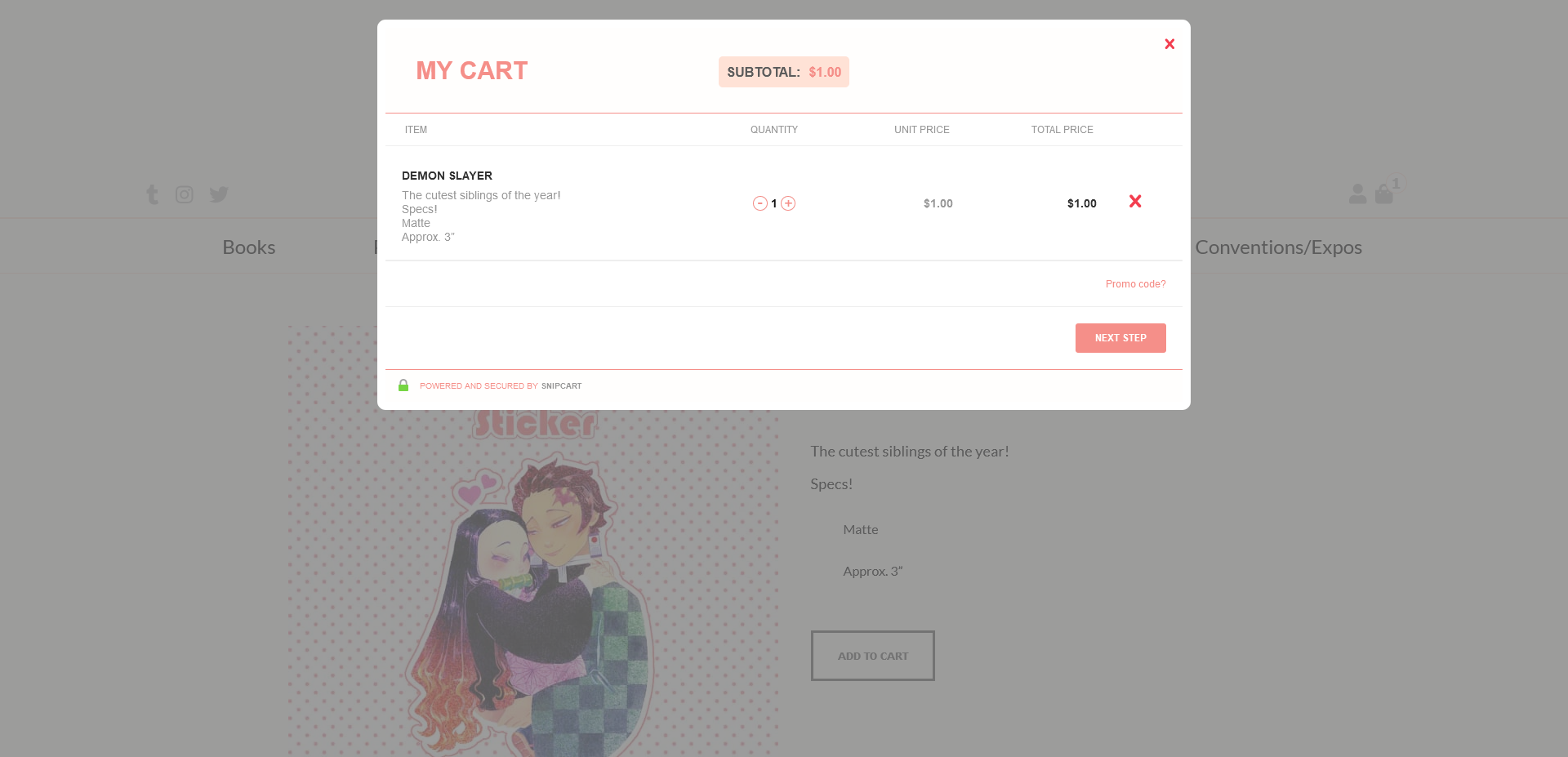 screenshot of shopping cart