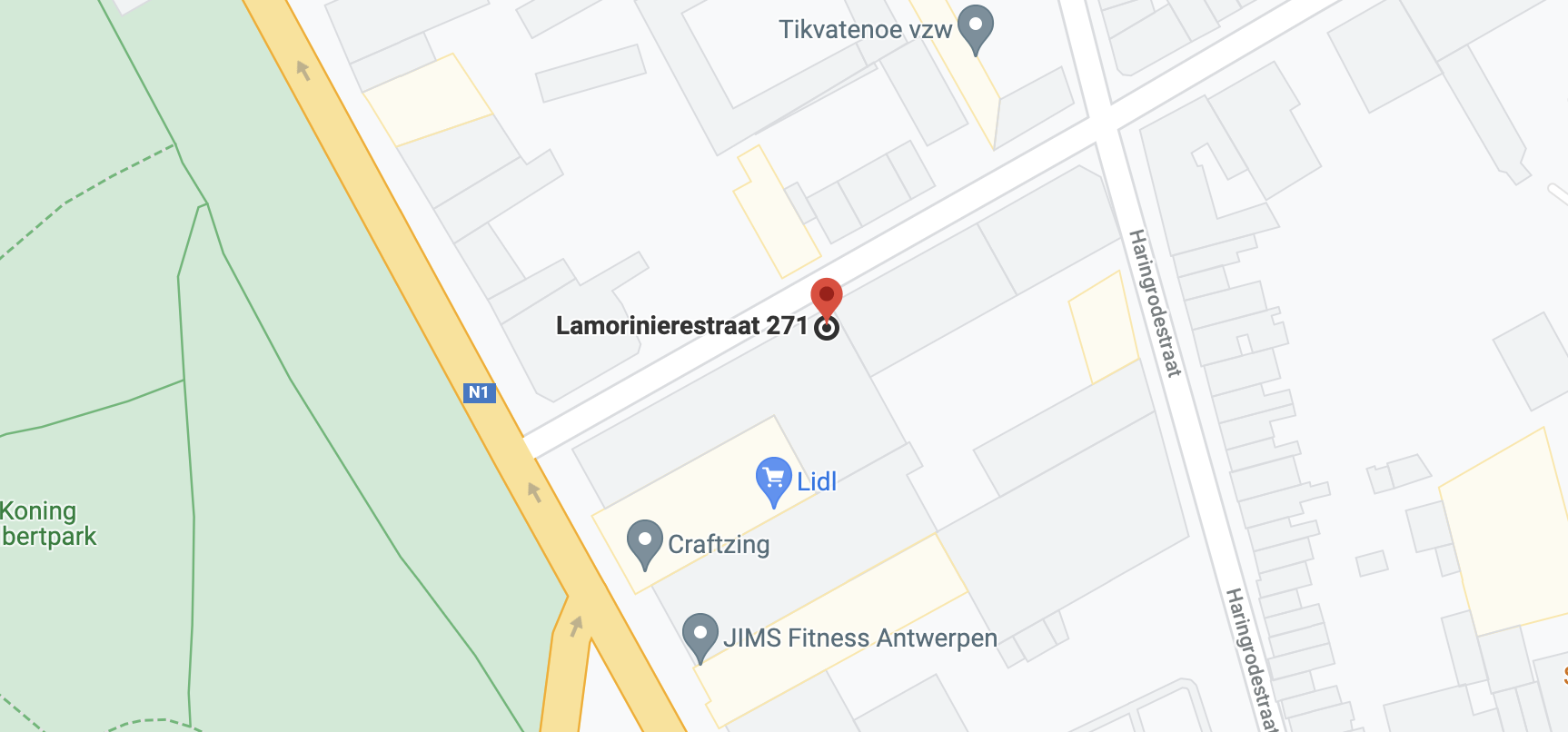 A Google maps screenshot of the Antwerp office parking location Lamonierestraat 271
