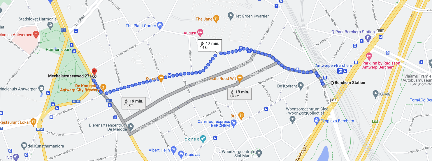 A google maps screenshot showing the route from Antwerp Berchem trains station to Antwerp office
