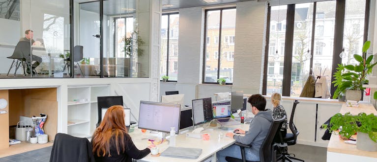 Craftzing colleagues working at their desks in the office in Ghent with big windows and a lot of natural light and plants