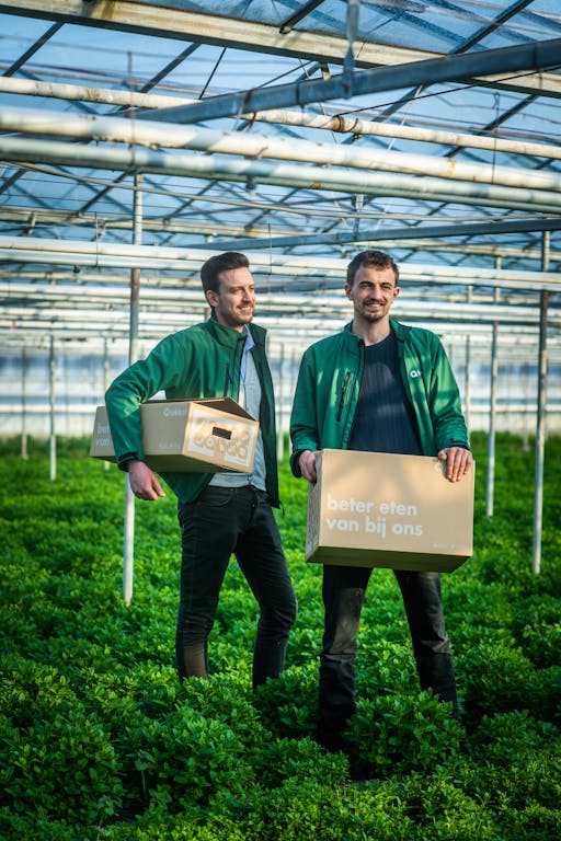 Photo of two men standing in a greenhouse holding Lokkal cardboard boxes