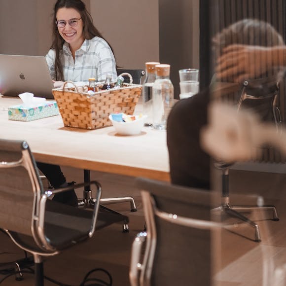 Meeting workshop aesthetic Woman laughing while working at meeting room