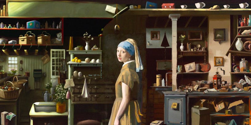 AI rendition of adding a background to Johannes Vermeer's painting The Milkmaid