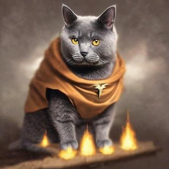 AI-rendered illustration of a heroic British shorthair cat wearing mage clothes